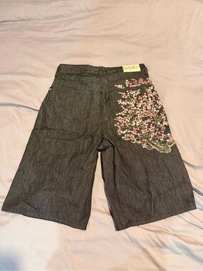 Derschutze Denim Embroidered Cherry Blossom Jorts